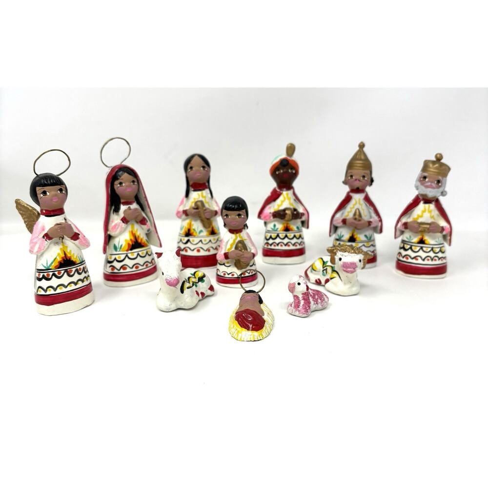 VTG Mexican Hand Painted Folk Art Clay Pottery Nativity Christmas Set Lot 11 Pcs